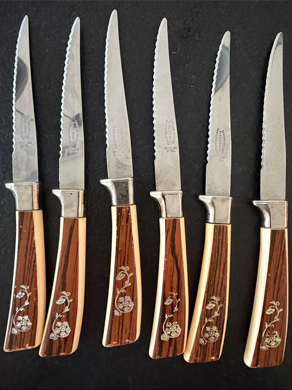 Vintage Country Sheffield England Steak Knives Floral Inlay - Set of 6